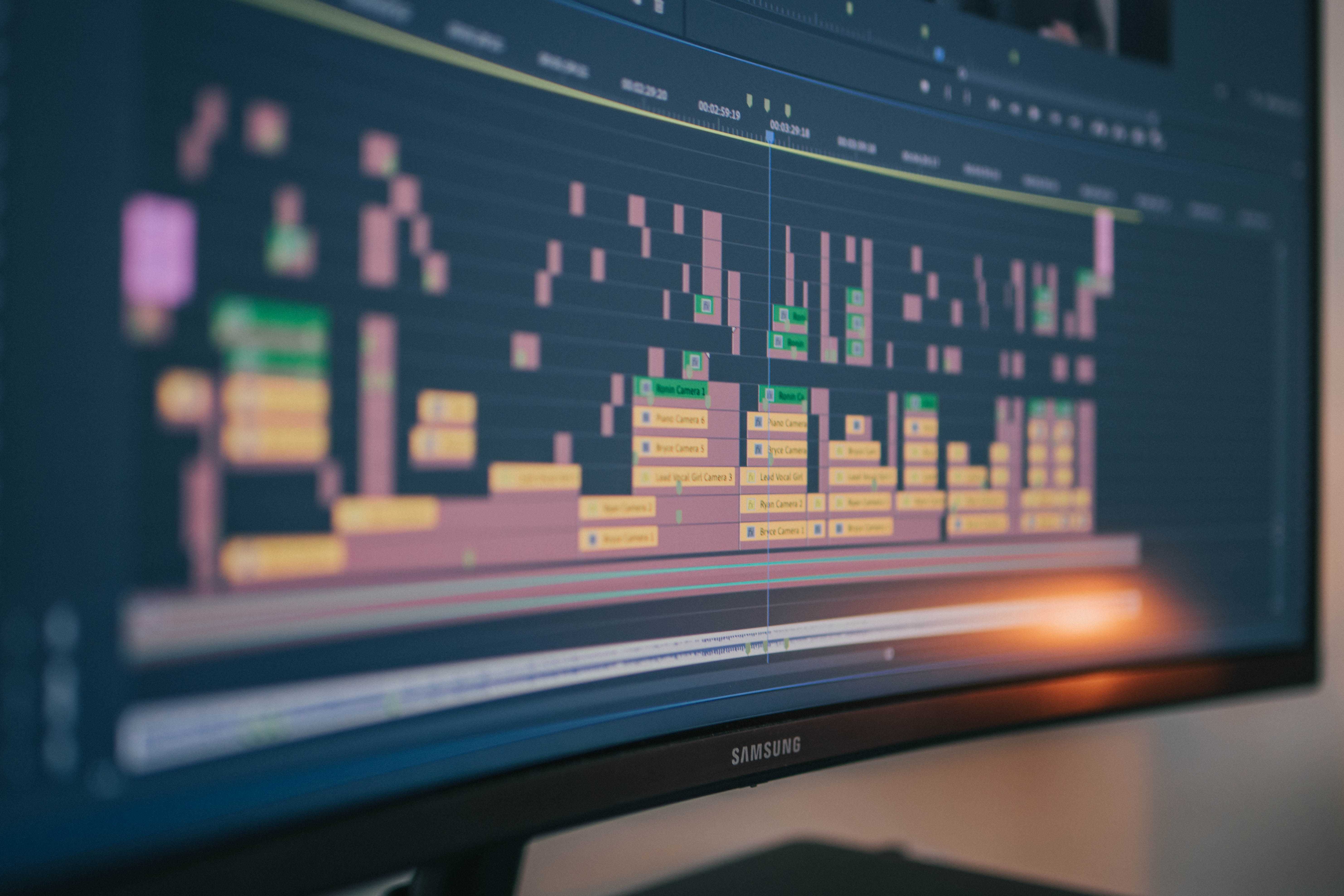 Video editing software on a monitor.